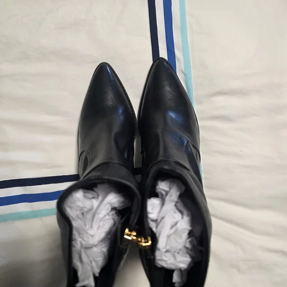 Michael Kors Black Heeled Boots with Gold Zipper - Picture 3 of 5